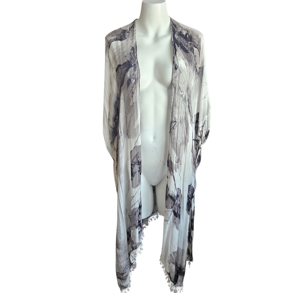 Soft Surroundings White Black Floral Long Open Duster Whimsygoth Boho Fringe OS